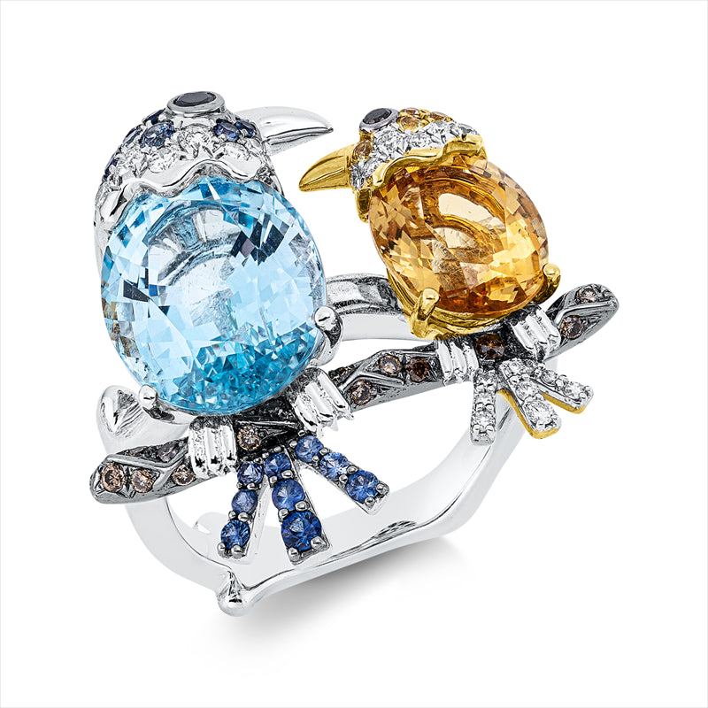 Ring 18 kt,38 Brill.0,28ct,  Fancy ,1 Citrin 2,02ct gelb,1 Topas 6,69ct blau, 21 Saphire 0,29ct blau