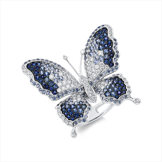 Ring 18 kt WG, 71 Brill. 0,63 ct, TW-vsi, 170 Saphire 1,88 ct blau