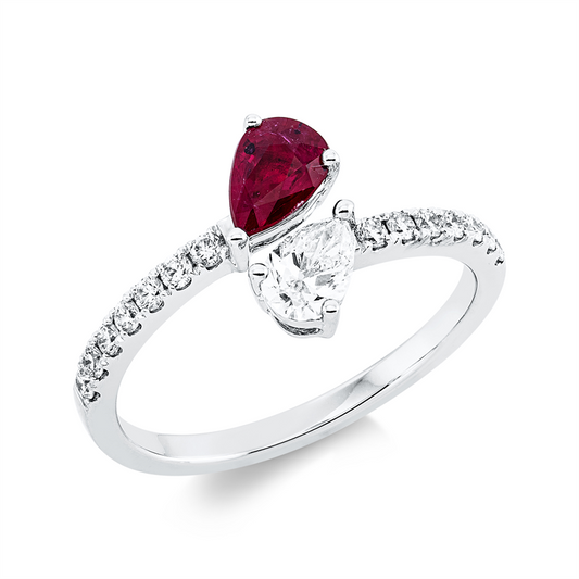 Ring 18 kt WG, 15 Fant-Schl. 0,53 ct, TW-si, 1 Rubin 0,56 ct rot