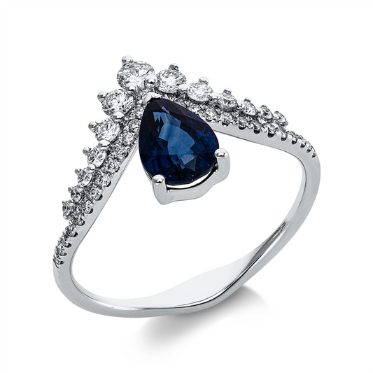 Ring 18 kt WG, 40 Brill. 0,37 ct, TW-si/pi, 1 Saphir 1,11 ct blau