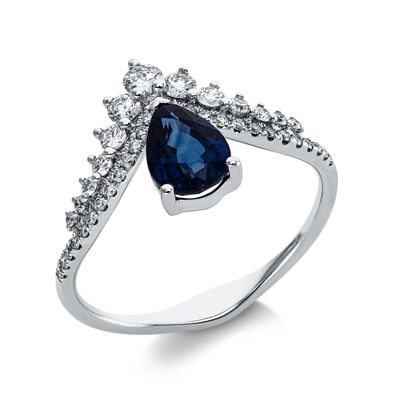 Ring 18 kt WG, 40 Brill. 0,37 ct, TW-si/pi, 1 Saphir 1,11 ct blau