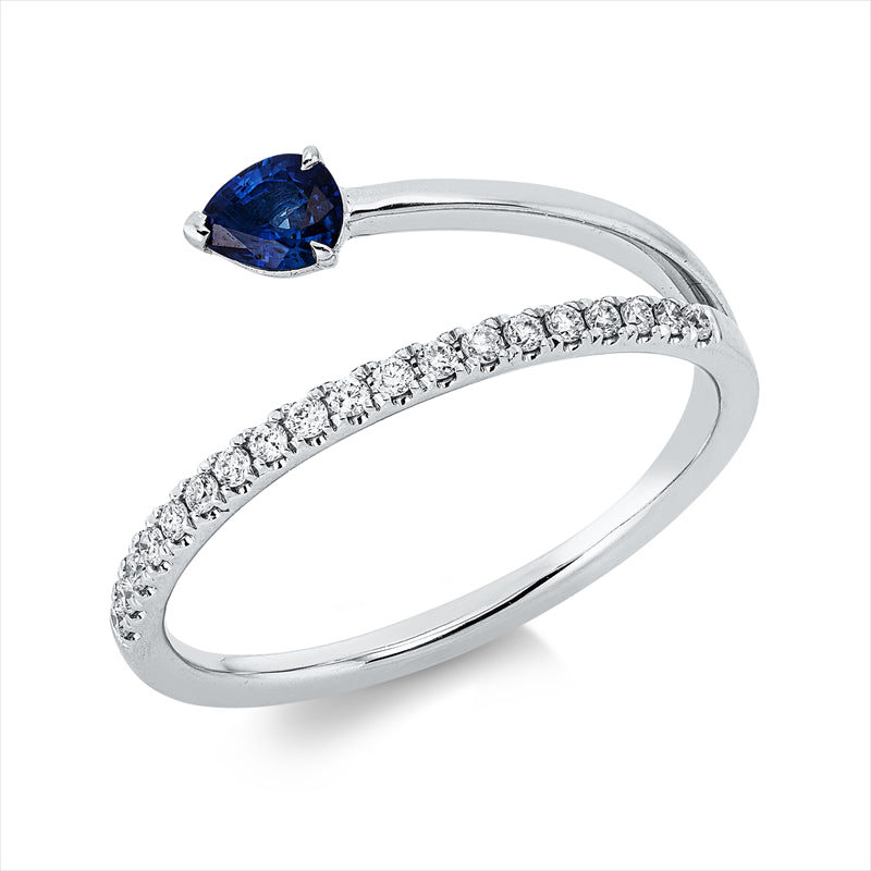 Ring 18 kt WG, 19 Brill. 0,13 ct, TW-si/pi, 1 Saphir 0,23 ct blau