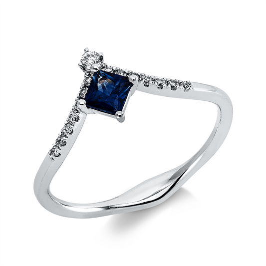 Ring 18 kt WG, 15 Brill. 0,10 ct, fancy, 1 Saphir 0,33 ct blau