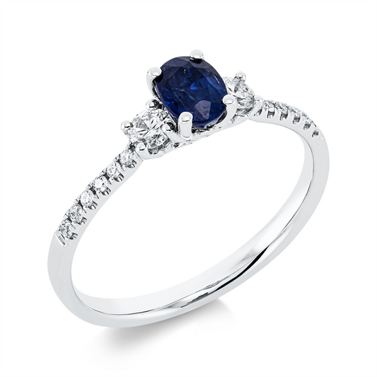 Ring 18 kt WG, 14 Brill. 0,25 ct, TW-si/pi, 1 Saphir 0,52 ct blau