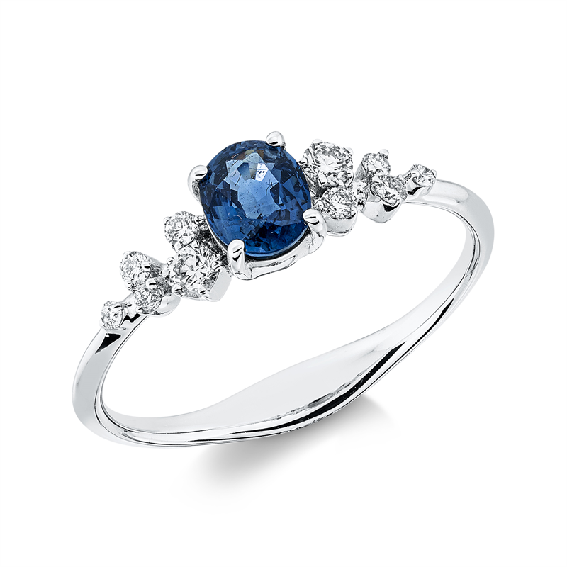 Ring 18 kt WG, 10 Brill. 0,17 ct, I-si, 1 Saphir 0,56 ct blau