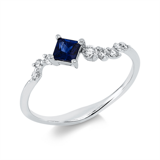 Ring 18 kt WG, 8 Brill. 0,19 ct, TW-si/pi, 1 Saphir 0,27 ct blau