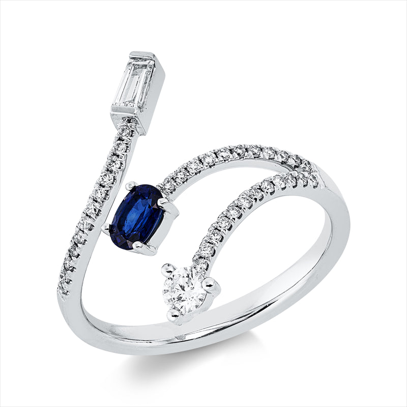 Ring 18 kt WG, 1 Trap. 0,11 ct, TW-si/pi, 36 Brill. 0,24 ct, TW-si/pi, 1 Saphir 0,26 ct blau