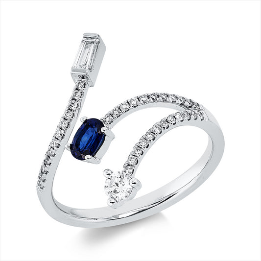 Ring 18 kt WG, 1 Trap. 0,11 ct, TW-si/pi, 36 Brill. 0,24 ct, TW-si/pi, 1 Saphir 0,26 ct blau
