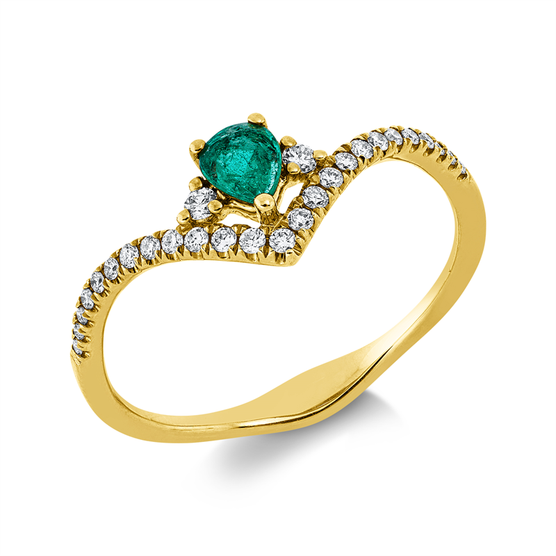Ring 18 kt GG, 27 Brill. 0,15 ct, TW-si/pi, 1 Smaragd 0,18 ct grün