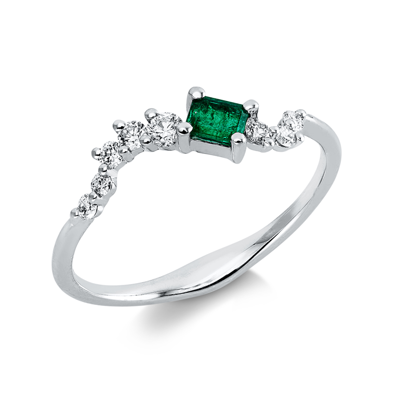 Ring 18 kt WG, 8 Brill. 0,19 ct, TW-si/pi, 1 Smaragd 0,16 ct grün