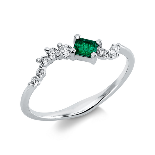 Ring 18 kt WG, 8 Brill. 0,19 ct, TW-si/pi, 1 Smaragd 0,16 ct grün