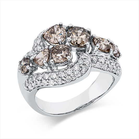 Ring 18 kt WG, 64 Brill. 0,52 ct, W-pi, 7 Fant-Schl. 2,53 ct, braun