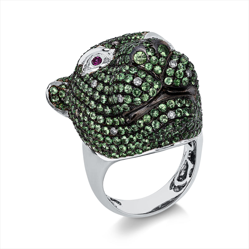 Ring 18 kt WG, Fassung teils schwarz rhodinie, 23 Brill. 0,26 ct, I-pi, 477 Farbsteine 6,27 ct multicolor