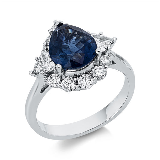 Ring 18 kt WG, 2 Triangel 0,41 ct, W-vsi, 10 Brill. 0,54 ct, F-vsi, 1 Saphir 3,05 ct blau