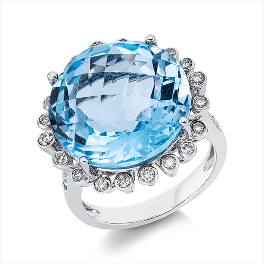 Ring 18 kt WG, 34 Brill. 0,37 ct, I-si, 1 Topas 18,71 ct blau