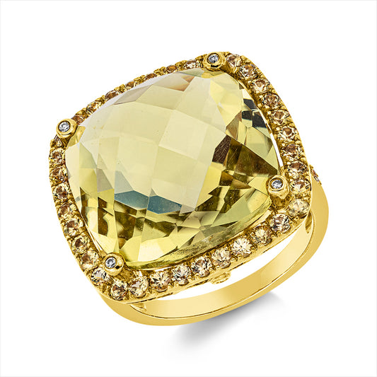 Ring 18 kt GG, 6 Brill. 0,02 ct, I-pi, 1 Lemonquarz 18,01 ct grün, 44 Saphire 0,99 ct gelb