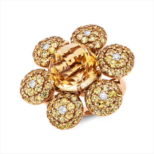Ring 18 kt RG, 6 Brill. 0,19 ct, W-pi, 1 Citrin 8,05 ct gelb, 108 Saphire 3,81 ct gelb