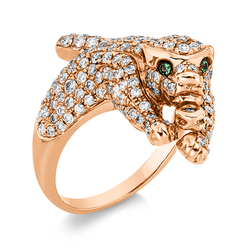 Ring 18 kt RG, Fassung teils schwarz rhodinie, 173 Brill. 1,47 ct, F-vsi/si, 2 Tsavorith 0,03 ct grün