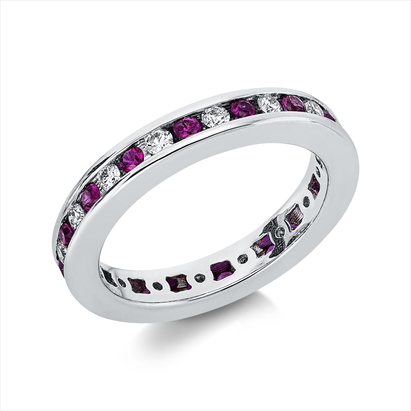 Ring 18 kt WG, 16 Brill. 0,34 ct, F-vsi, 16 Rubine 0,44 ct rot