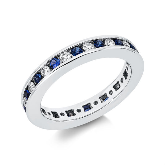 Ring 18 kt WG, 16 Brill. 0,34 ct, F-vsi, 16 Saphire 0,44 ct blau