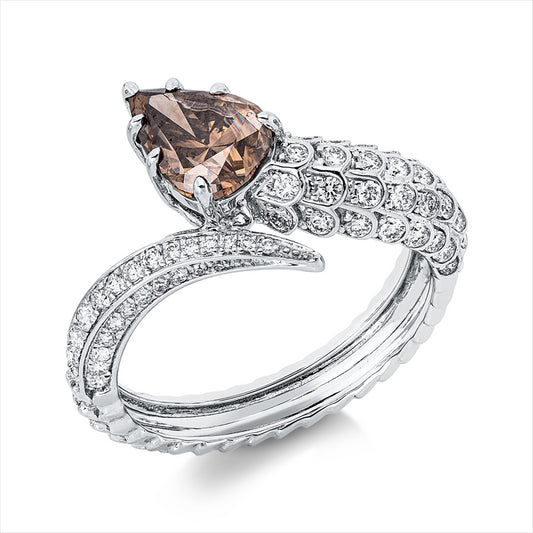 Ring 18 kt WG, 72 Brill. 0,48 ct, F-vsi, 1 Tropfen 1,33 ct, braun