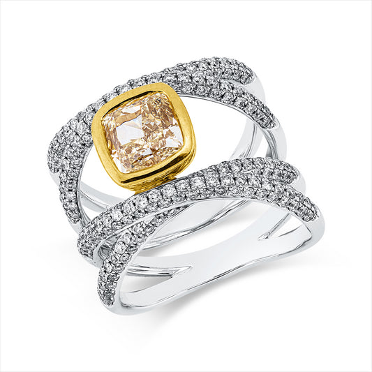 Ring 18 kt WG+GG, GIA 7212644389, 1 Cushion 2,02 ct, gelb-vs1, Brill. 1,02 ct, F-vsi
