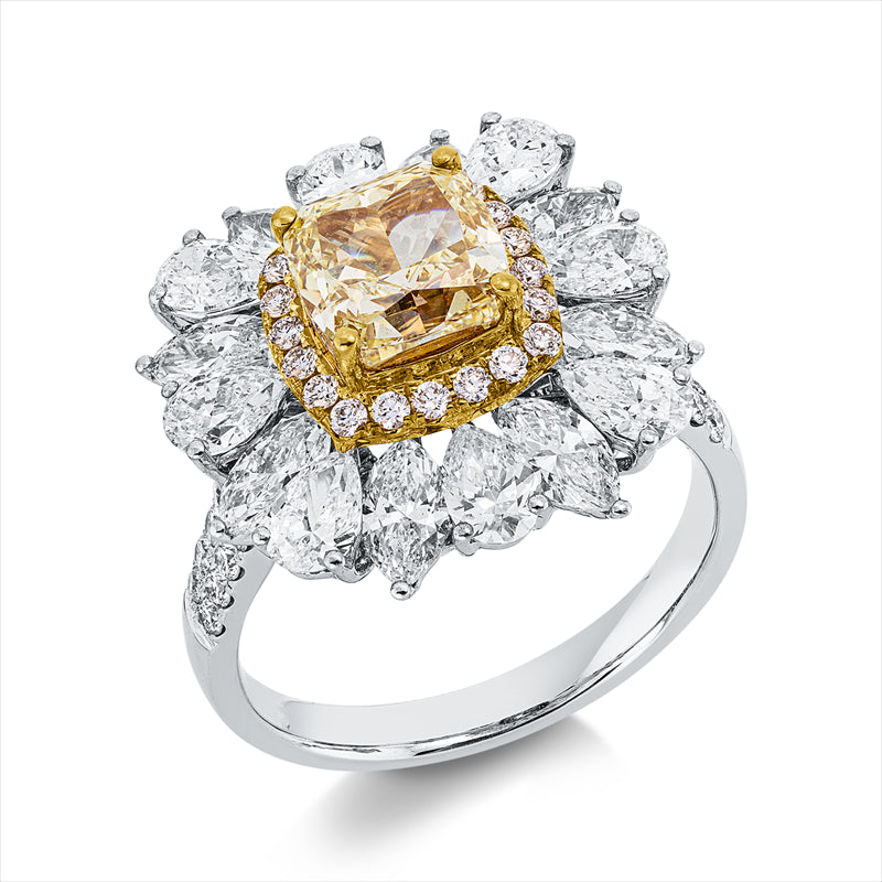 Ring 18 kt WG+YG, 16 Fantasie-Schliff 2,78ct, F-vsi, 1 Cushion 2,06ct, gelb-vvs2, 43 Brill.0,49 ct, F-vsi
