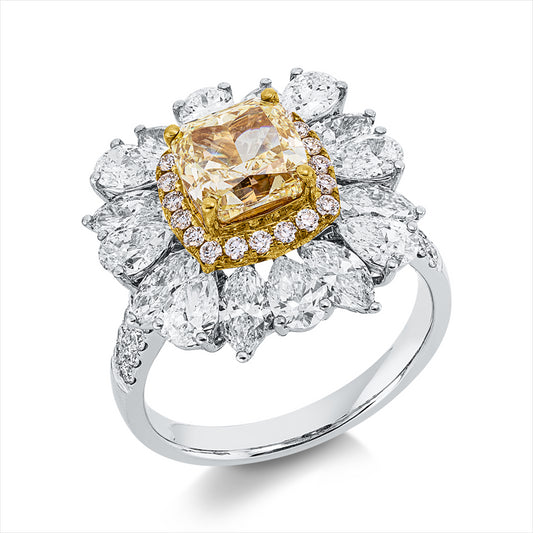 Ring 18 kt WG+YG, 16 Fantasie-Schliff 2,78ct, F-vsi, 1 Cushion 2,06ct, gelb-vvs2, 43 Brill.0,49 ct, F-vsi