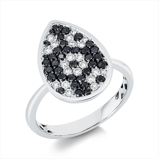 Ring 18 kt WG, Fassung teils schwarz rhodinie, 21 Brill. 0,32 ct, F-vsi, 38 Brill. 0,53 ct, schwarz