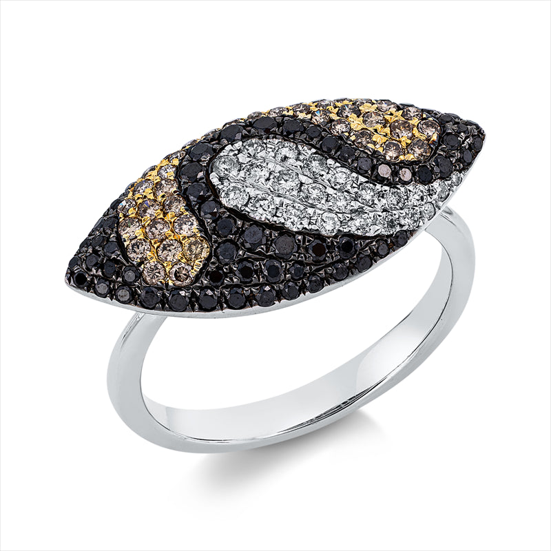 Ring 18 kt WG+GG, Fassung teils schwarz rhodinie, 123 Brill. 0,91 ct, fancy