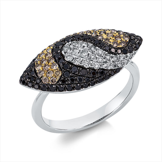 Ring 18 kt WG+GG, Fassung teils schwarz rhodinie, 123 Brill. 0,91 ct, fancy