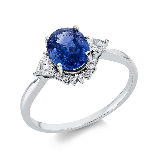 Ring 18 kt WG, 2 Herzschl. 0,22 ct, F-vsi, 16 Brill. 0,08 ct, TW-si, 1 Saphir 1,85 ct blau