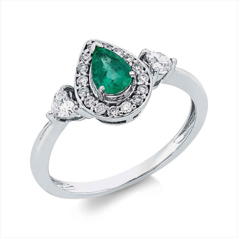 Ring 18 kt WG, 2 Herzschl. 0,19 ct, TW-si, 16 Brill. 0,12 ct, TW-pi, 1 Smaragd 0,39 ct grün