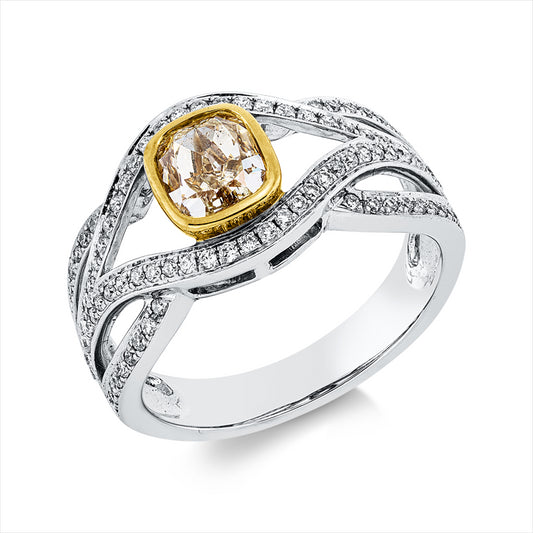 Ring 18 kt WG+GG, GIA 5172359278, 1 Cushion 1,00 ct, gelb-vs1, 88 Brill. 0,34 ct, F-vsi