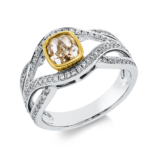 Ring 18 kt WG+GG, GIA 5172359278, 1 Cushion 1,00 ct, gelb-vs1, 88 Brill. 0,34 ct, F-si