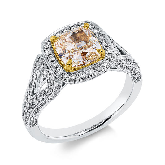 Ring 18 kt WG+GG, GIA 2216121384, 1 Cushion 1,68 ct, gelb-vvs, 134 Brill. 0,45 ct, F-vsi