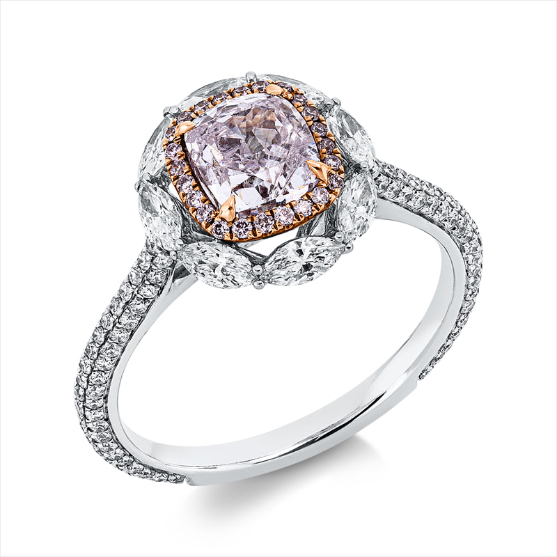 Ring 18 kt, 8 Nav. 0,39 ct, F-vsi, Brill. 0,34 ct, F-vsi, 1 Cushion 1,01 ct, pink, Brill. 0,07 ct, pink