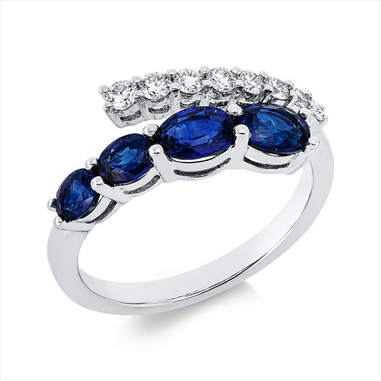 Ring 18 kt WG, 8 Brill. 0,28 ct, TW-si, 4 Saphire 1,51 ct blau