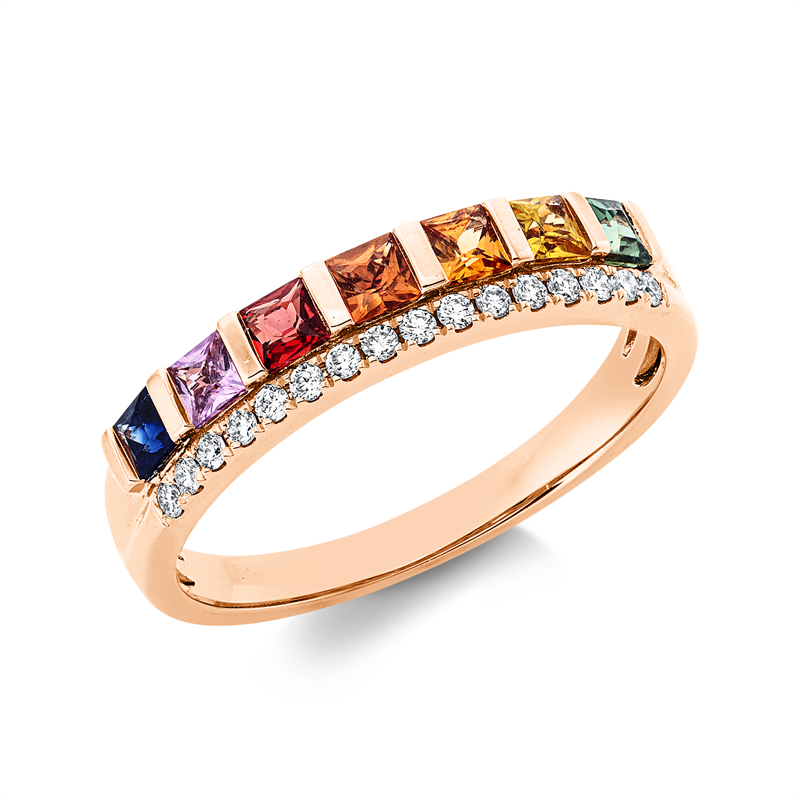 Ring 18 kt RG, 16 Brill. 0,12 ct, TW, 7 Saphire 0,74 ct multicolor