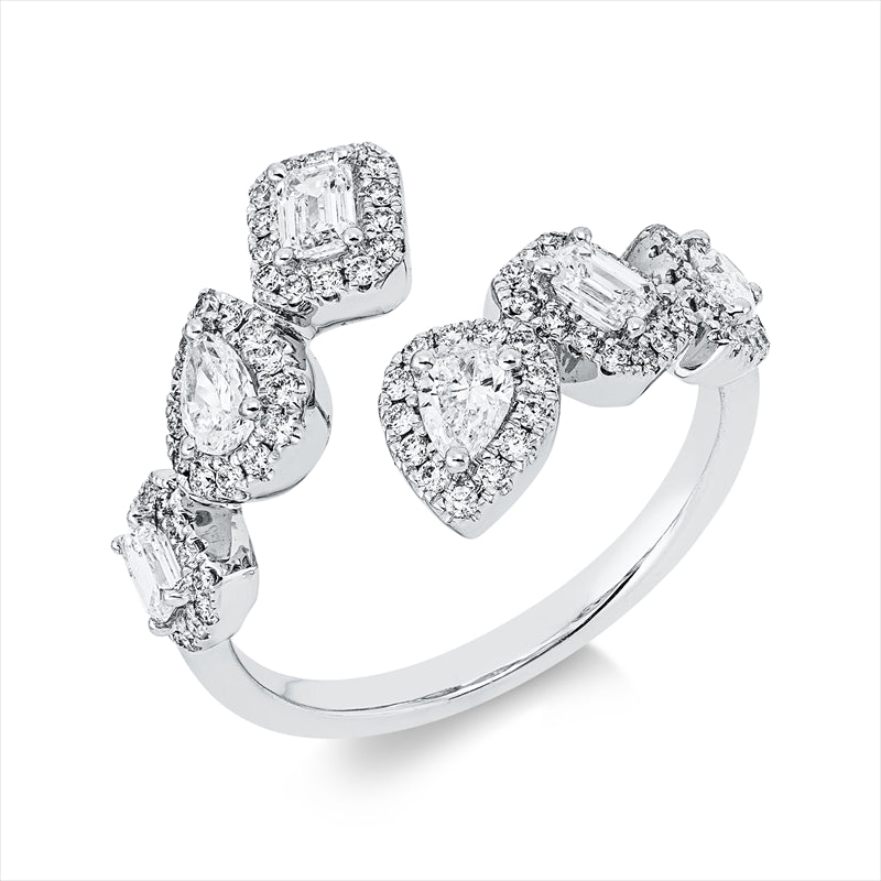 Ring 18 kt WG, 3 Sm.schliff 0,36 ct, TW-vsi, 3 Tropfen 0,39 ct, TW-si, 81 Brill. 0,35 ct, TW-si