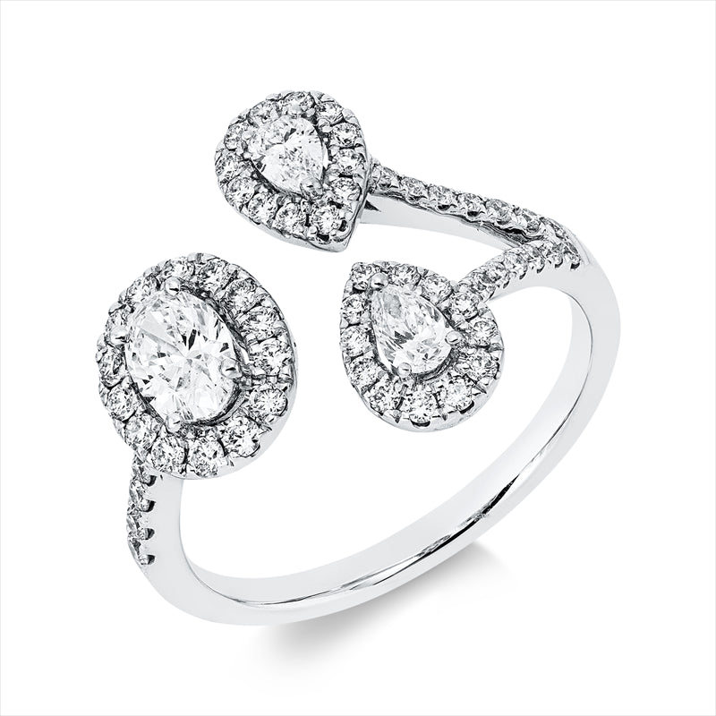 Ring 18 kt WG, 2 Tropfen 0,21 ct, TW-si, 1 Oval 0,36 ct, TW-vsi, 57 Brill. 0,44 ct, TW-si