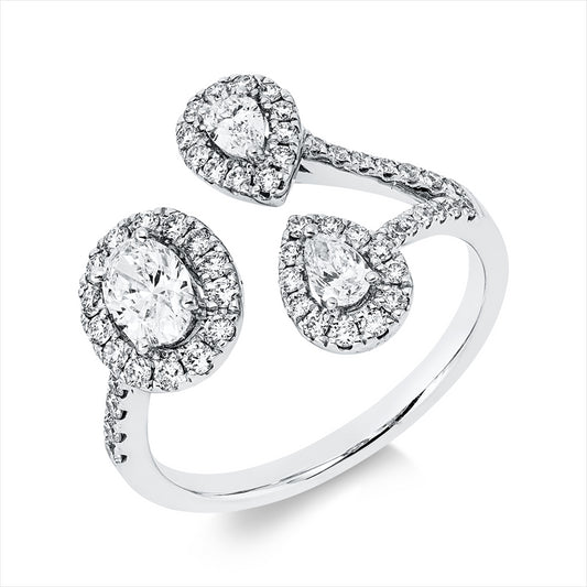 Ring 18 kt WG, 2 Tropfen 0,21 ct, TW-si, 1 Oval 0,36 ct, TW-vsi, 57 Brill. 0,44 ct, TW-si