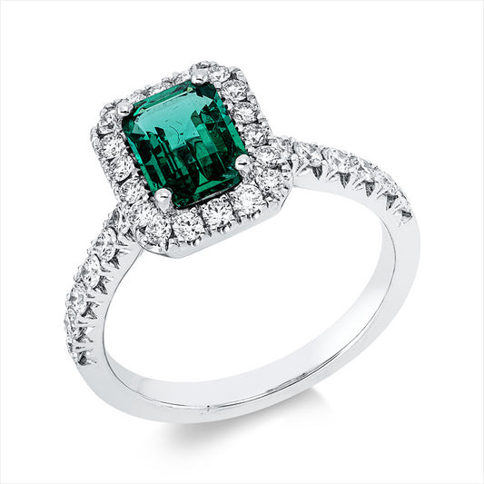 Ring 18 kt WG, 32 Brill. 0,59 ct, TW-si, 1 Smaragd 0,59 ct grün