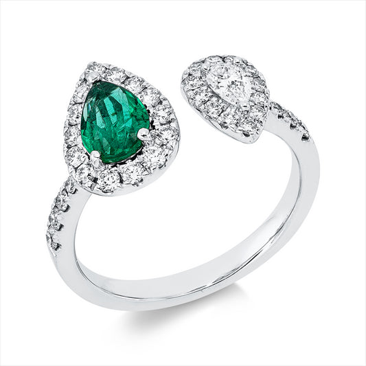 Ring 18 kt WG, 1 Tropfen 0,15 ct, TW-si, 35 Brill. 0,44 ct, TW-si, 1 Smaragd 0,52 ct grün