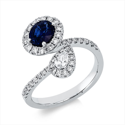 Ring 18 kt WG, 1 Tropfen 0,13 ct, TW-si, 41 Brill. 0,51 ct, TW-si, 1 Saphir 0,90 ct blau