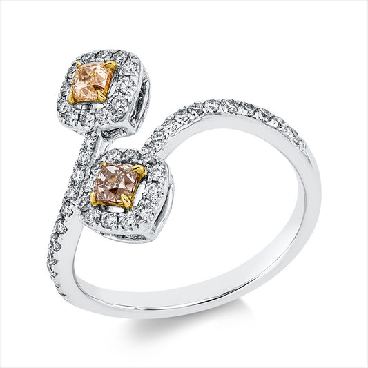 Ring 18 kt WG+GG, 46 Brill. 0,40 ct, TW-si, 1 Cushion 0,17 ct, braun, 1 Cushion 0,16 ct, gelb