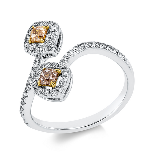 Ring 18 kt WG+GG, 46 Brill. 0,34 ct, TW-si, 1 Cushion 0,17 ct, braun, 1 Cushion 0,16 ct, gelb