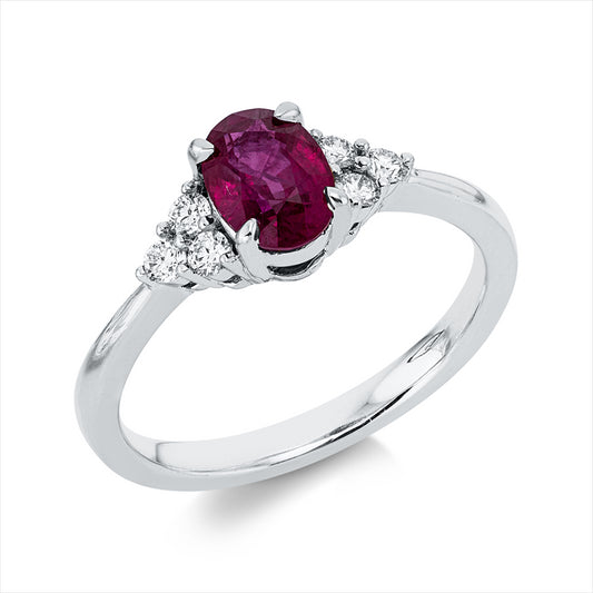 Ring 18 kt WG, 6 Brill. 0,18 ct, TW-si, 1 Rubin 1,04 ct rot