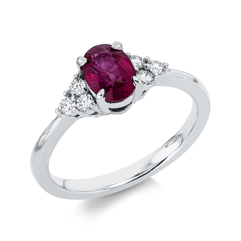Ring 18 kt WG, 1 Rubin 1,04 ct rot, 6 Brill. 0,18 ct, TW-si