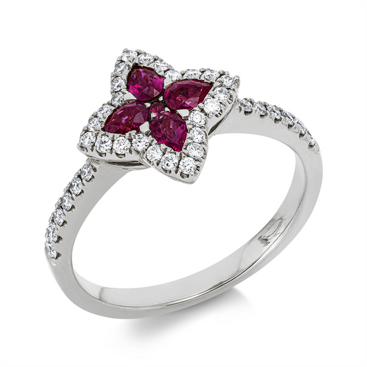 Ring 18 kt WG, 1 Rubin 0,01 ct rot, 4 Rubine 0,45 ct rot, 36 Brill. 0,28 ct, TW-si